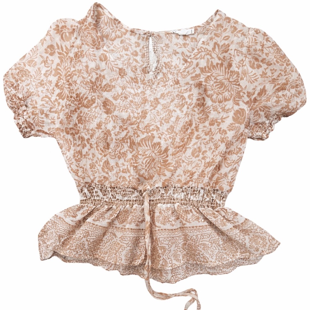 E & M Boho Floral Peplum Blouse‎ Large Tan Cream Smocked Waist Tie Top